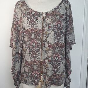 Kori America Over Size Dolman Leather Tie Paisley Feather Women's Top Size S NWT
